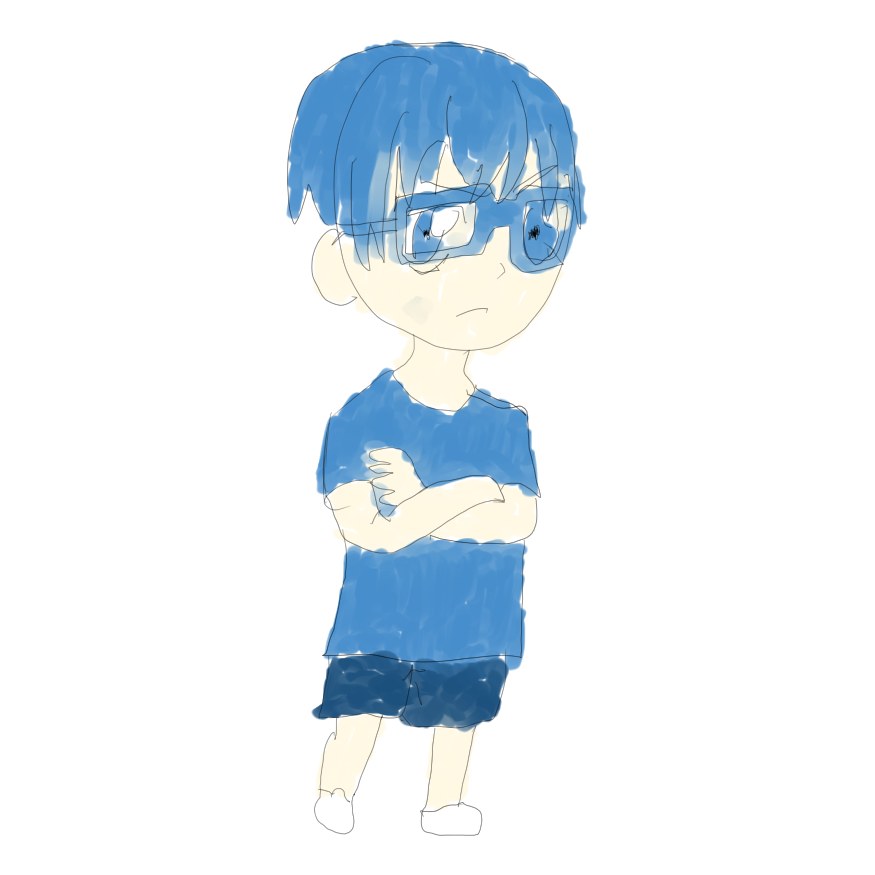 青い髪にメガネをかけた男の子が、青いTシャツ姿でうでを組んで立つイラスト
