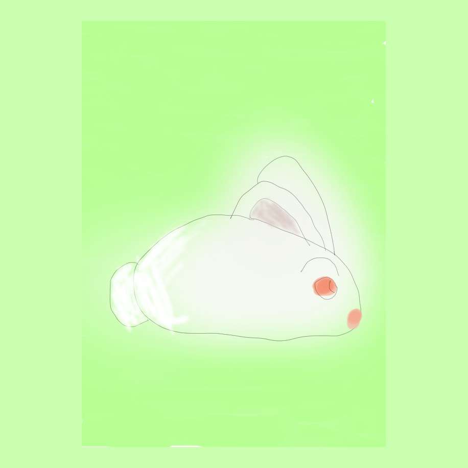 黄緑色の背景に、赤い目の白いうさぎが体を丸めて寝そべるやわらかなイラスト
