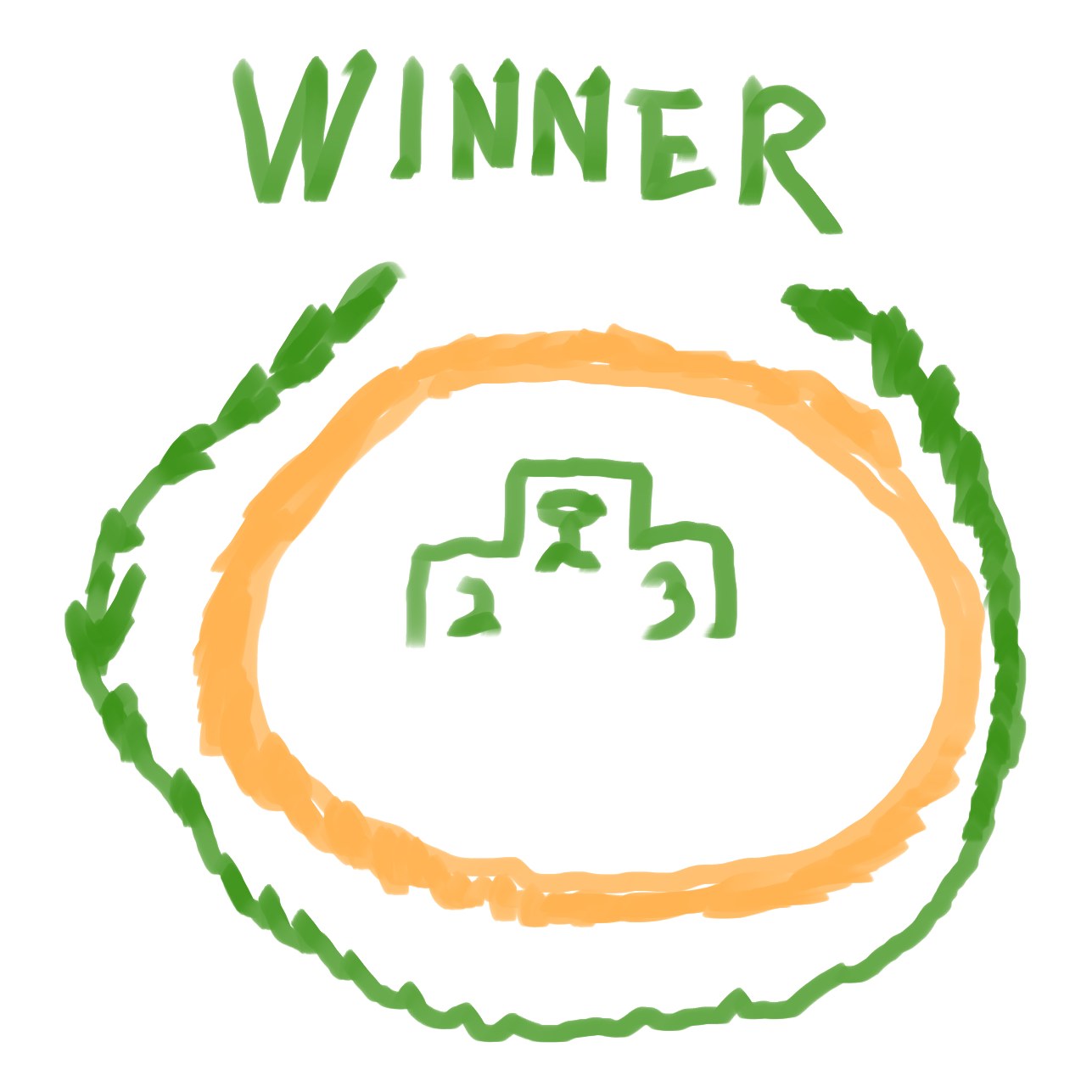 緑の手描き文字WINNERと月桂樹風の飾り、中央に1位の表彰台を描いたエンブレム