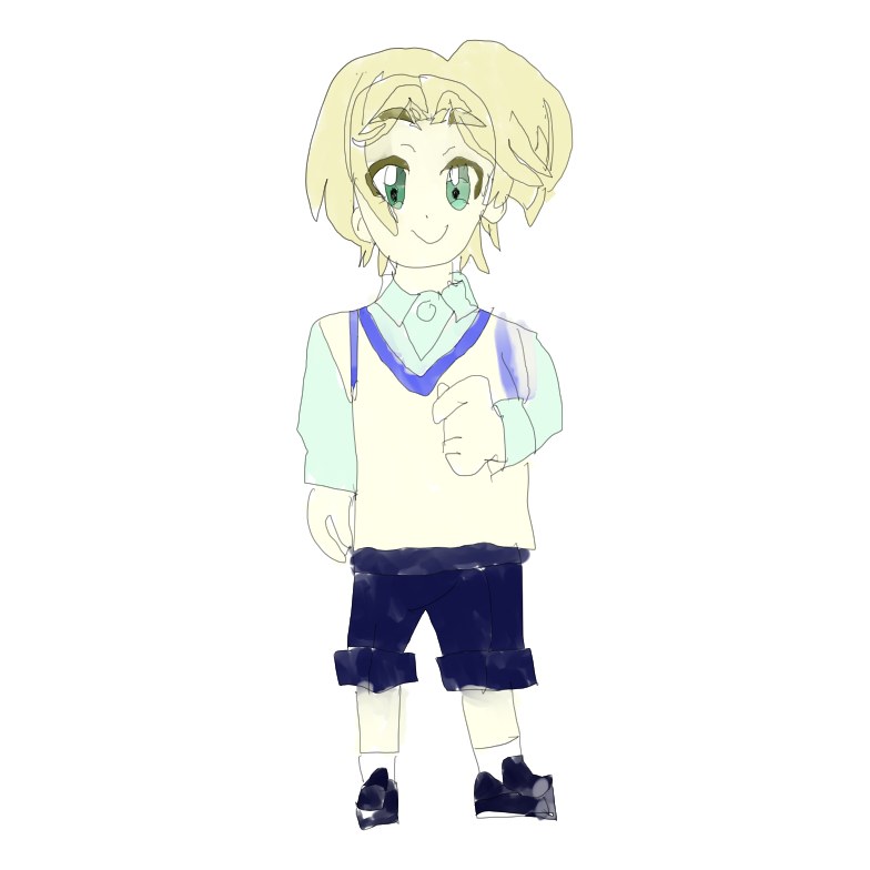 ベストと半ズボンの制服を着た金髪で緑の瞳の男の子が微笑んで立つ立ち絵
