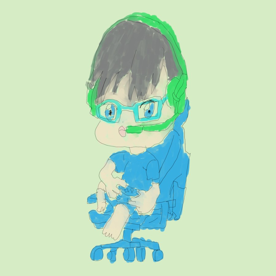 メガネとヘッドセット姿の男の子が青いチェアに座りコントローラーでゲームを楽しむイラスト