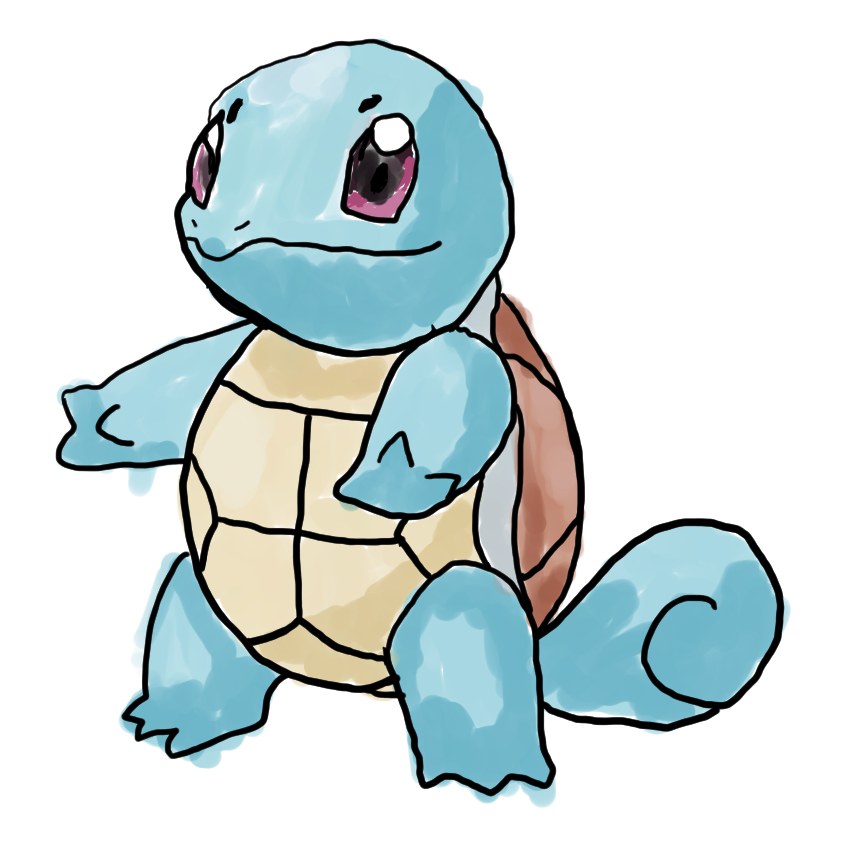 ポケモンのゼニガメがしっぽを丸めて立つ姿を水彩風に描いた二次創作イラスト