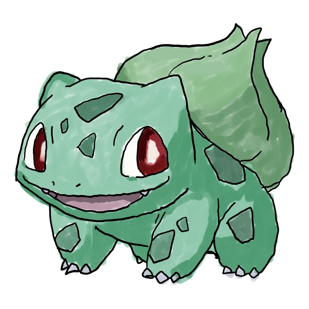 ポケモンのフシギダネが口を開けて笑う姿を水彩風に描いた二次創作イラスト