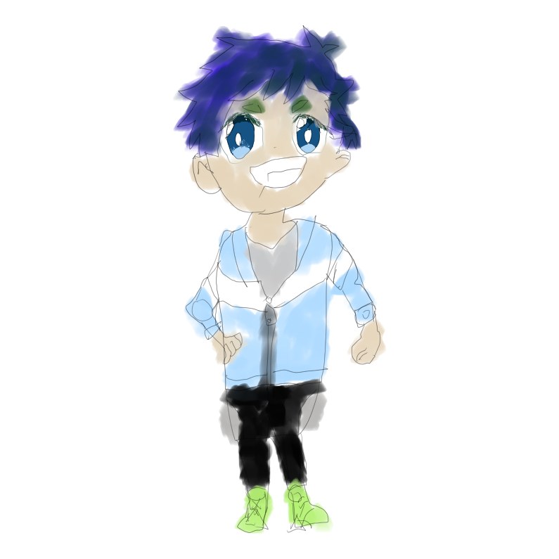 紺色の髪と青い瞳の男の子が水色の上着と緑の靴で腰に手を当てて笑う立ち絵
