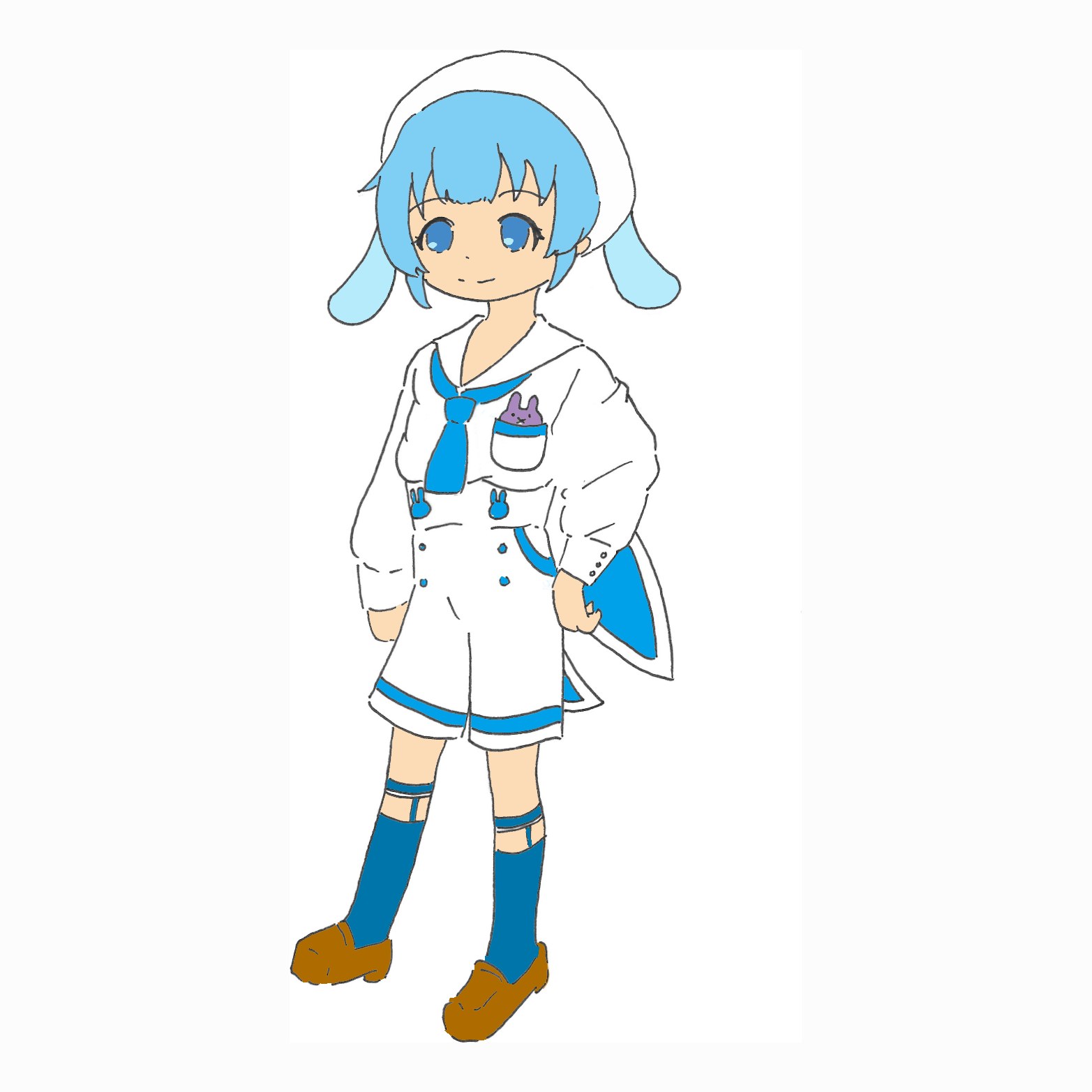 うさぎの耳がついた白い帽子とセーラー服を着た水色の髪の女の子。胸ポケットに小さなうさぎ