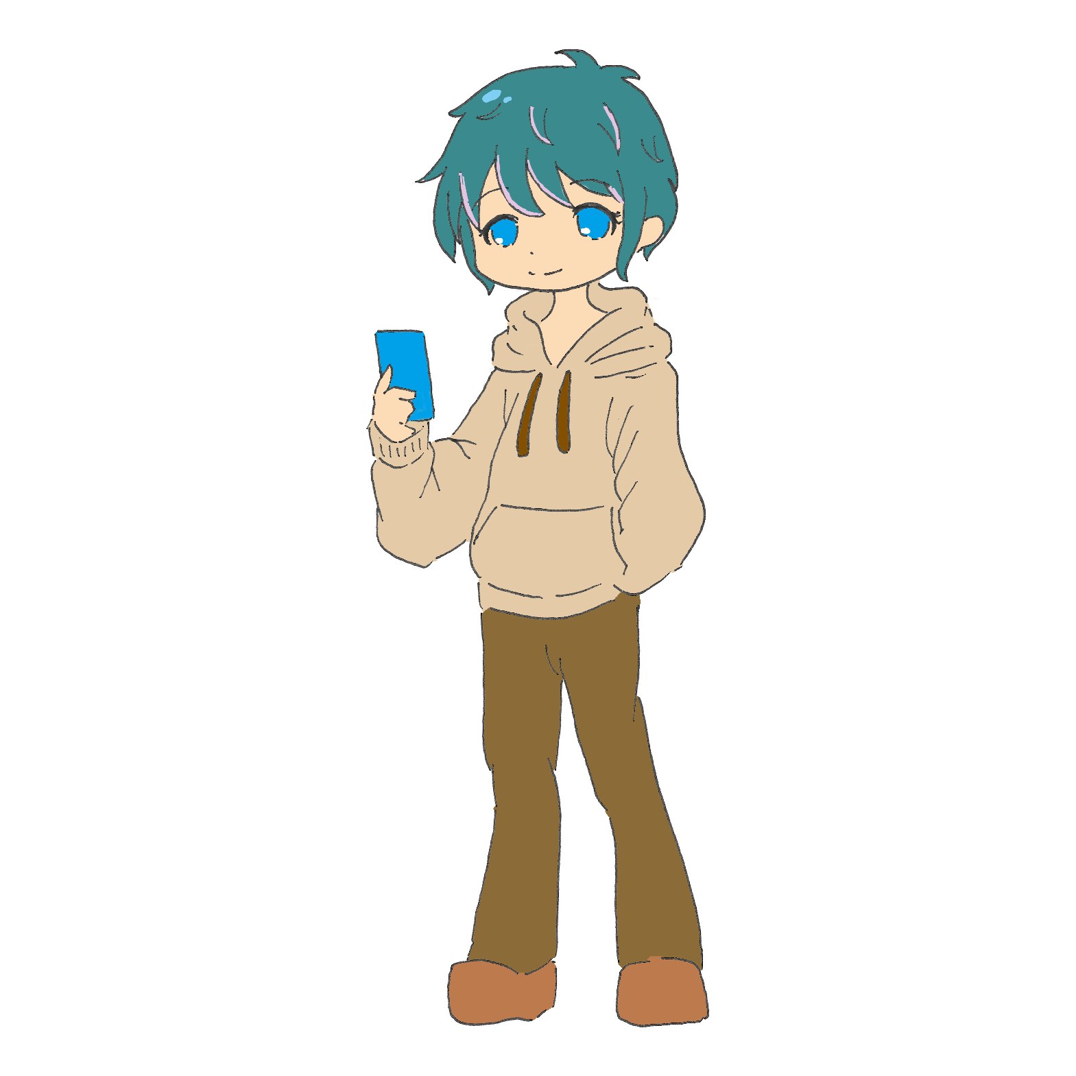 ベージュのパーカーを着た緑髪の少年が片手にスマートフォンを持って立つ全身イラスト