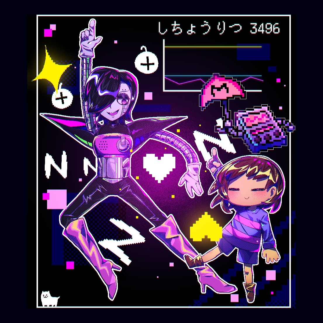 Undertale二次創作。ロボットのメタトンと子どものフリスクが並ぶネオン調イラスト