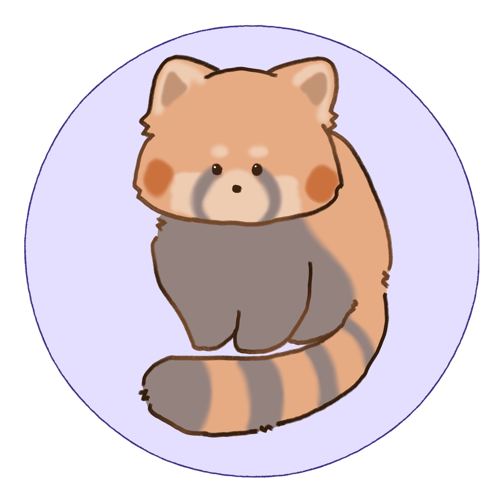 薄紫の丸背景に、しましまのしっぽを添えてちょこんと座るレッサーパンダのイラスト