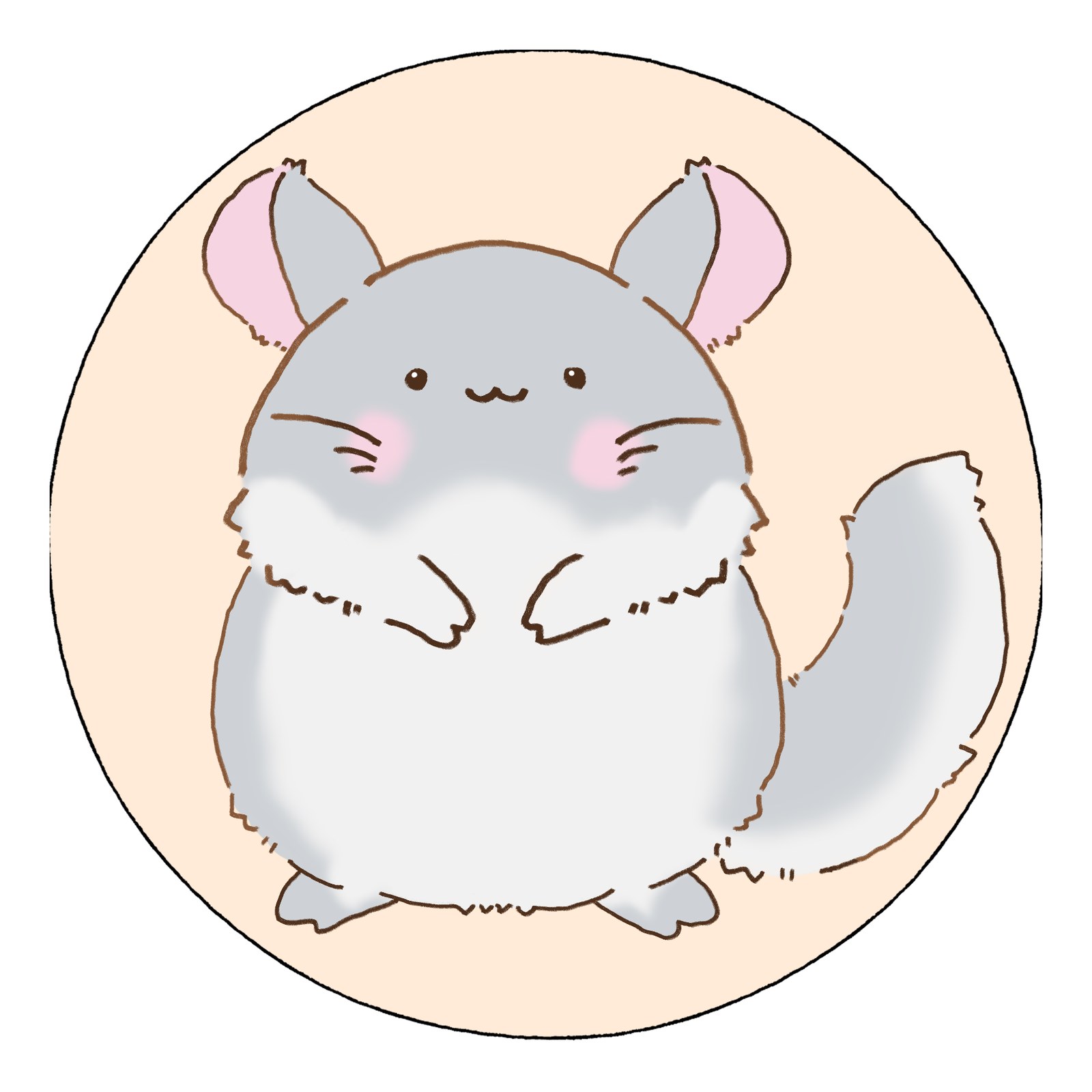 クリーム色の丸背景で、ふわふわのしっぽを立てて立つ灰色のチンチラのイラスト