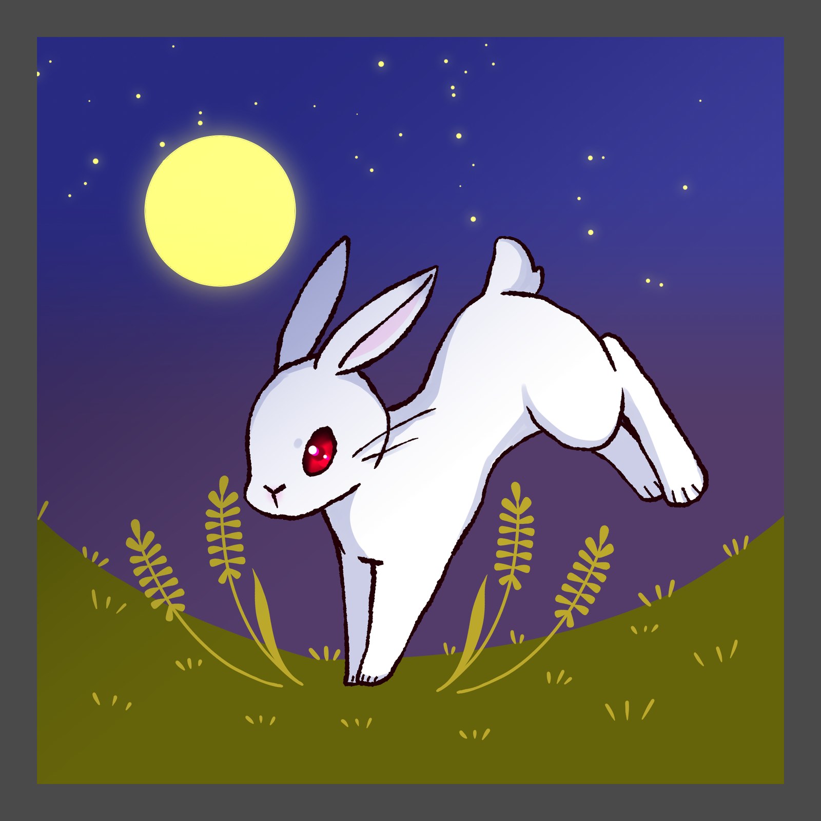 満月と星空の下、草原をはねる赤い目の白うさぎを描いたイラスト