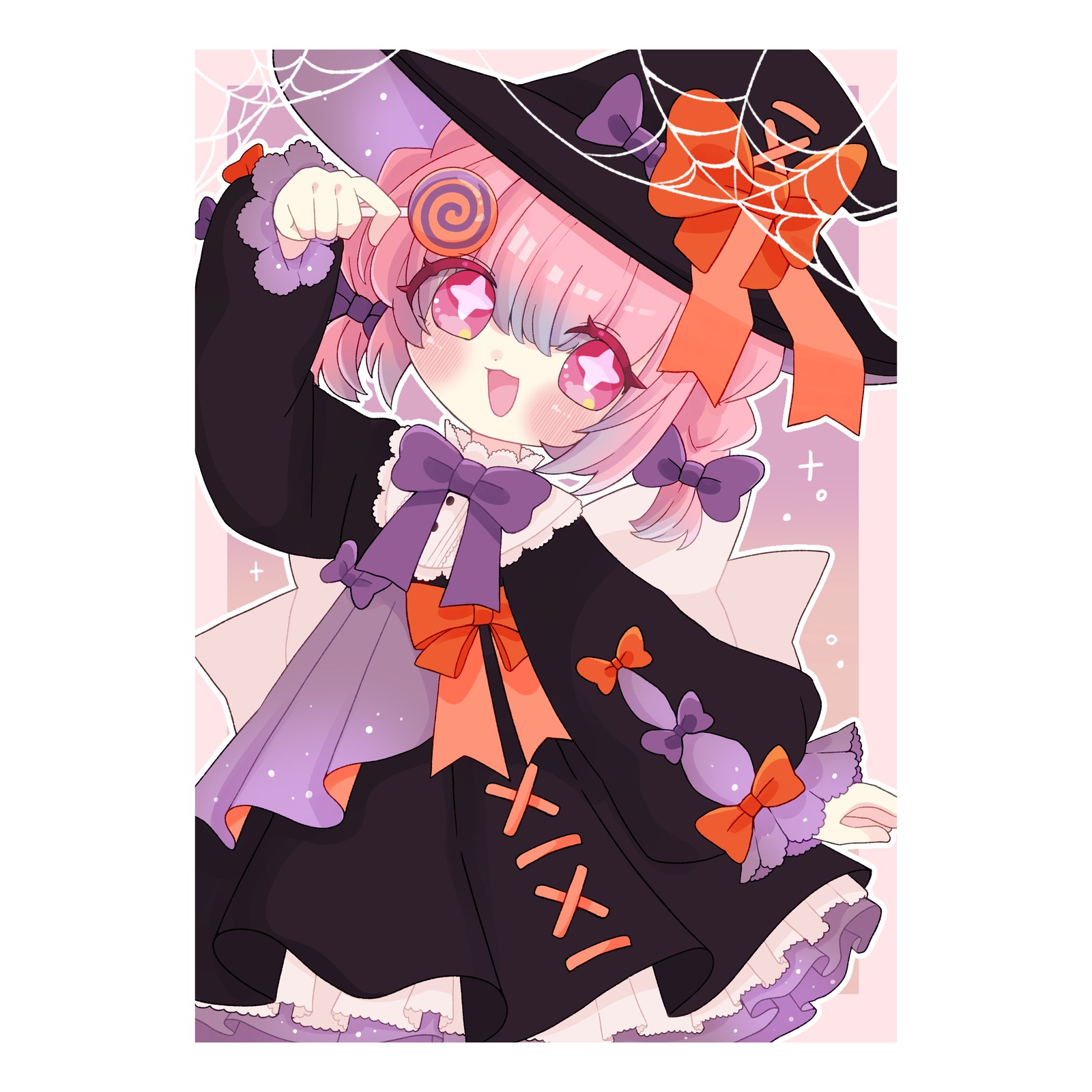 黒いとんがり帽子にピンク髪の魔女の女の子が、ぐるぐるキャンディを手に笑うハロウィンのイラスト