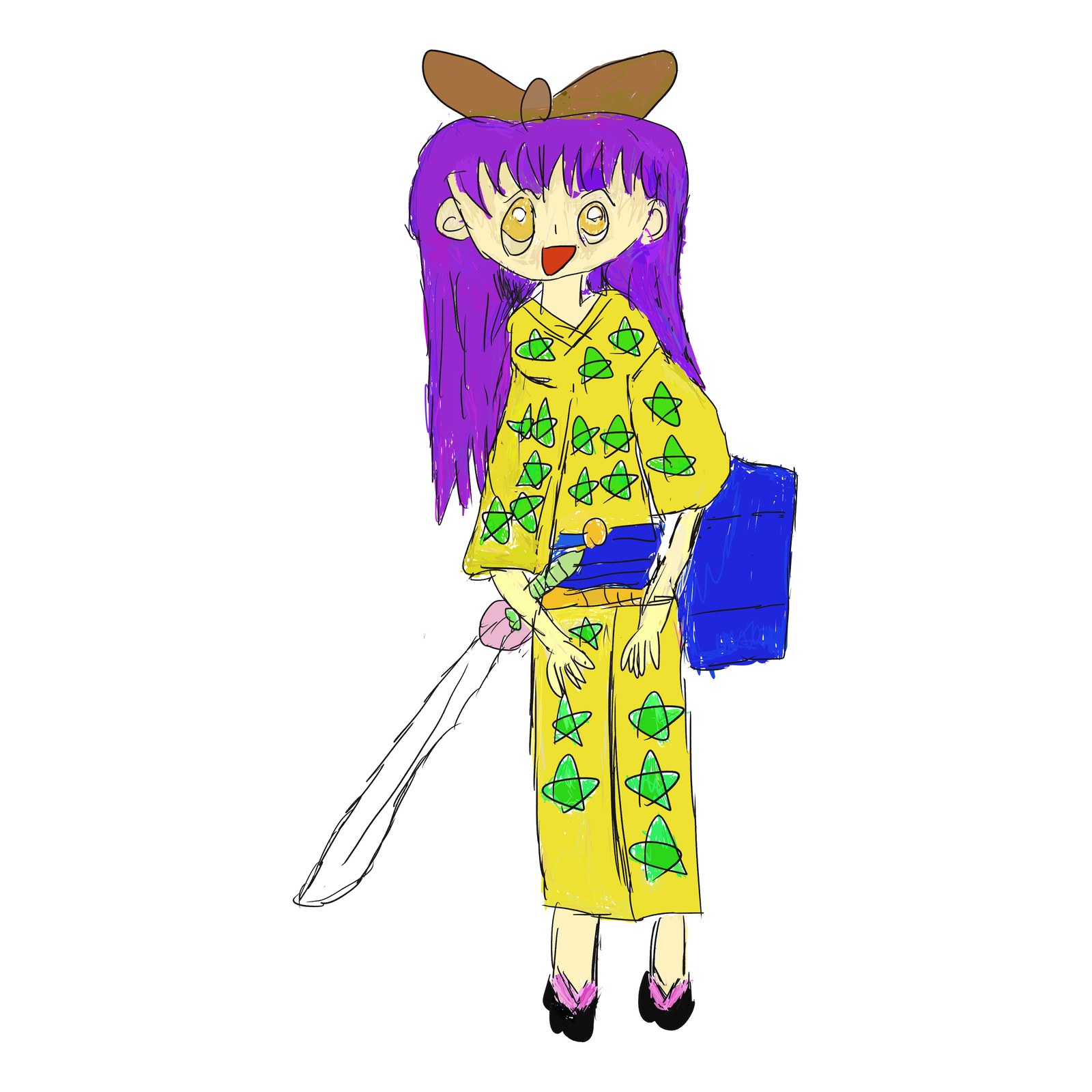 紫の長い髪の女の子が緑の星柄の黄色いゆかたを着て、刀と青いかばんを持って立っているイラスト