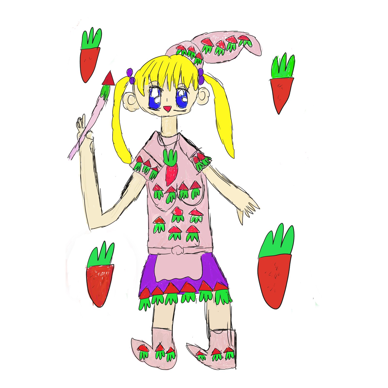 金髪ツインテールの女の子がいちご柄のピンクの服を着て、まわりに大きな赤い実が浮かぶイラスト