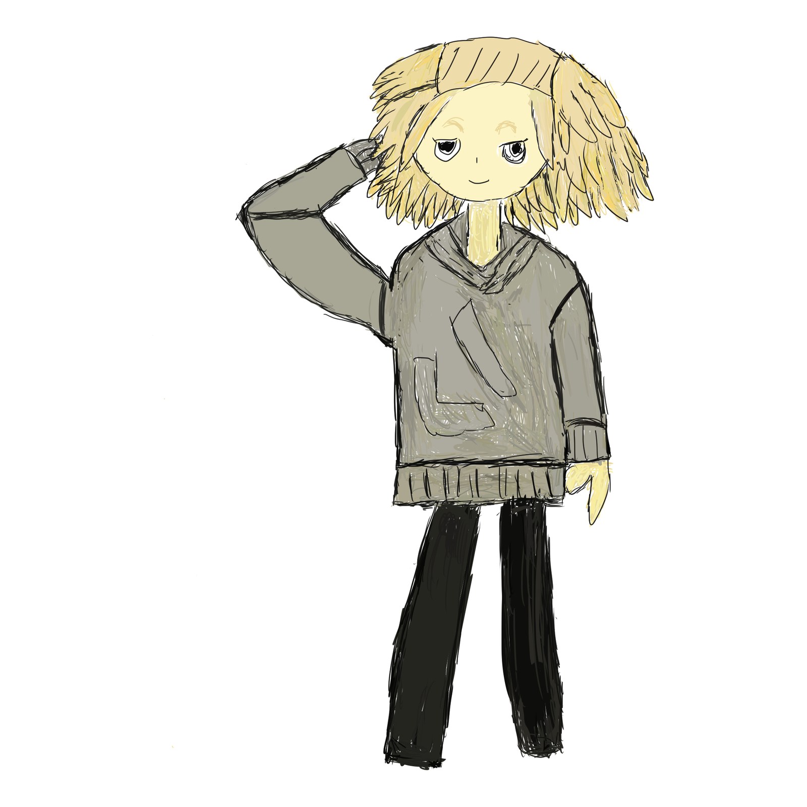金髪のキャラクターがグレーのパーカーと黒いズボン姿で、頭に手を当てて立っている素朴な立ち絵