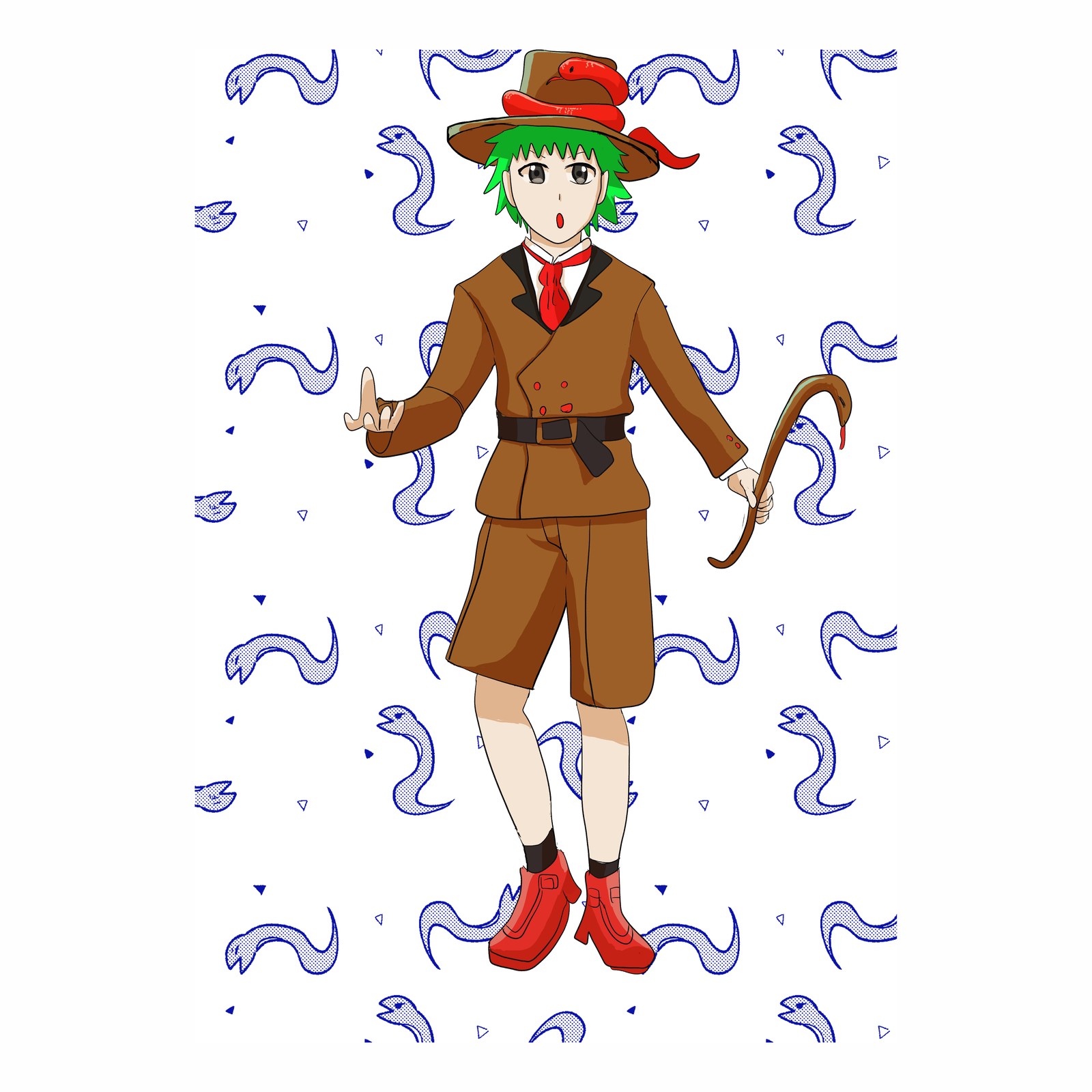 緑の髪の探検家風キャラクター。帽子に赤いへびが巻きつき、手に茶色のへびを持つ。背景は青いへび柄