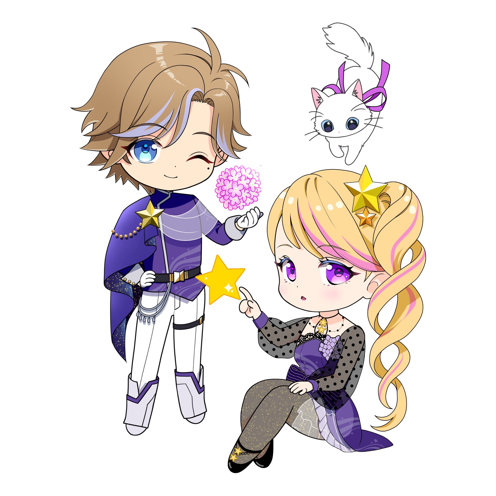 紫の衣装のちびキャラの男の子が花を差し出し、星を指す女の子と白い猫が寄り添うデフォルメイラスト