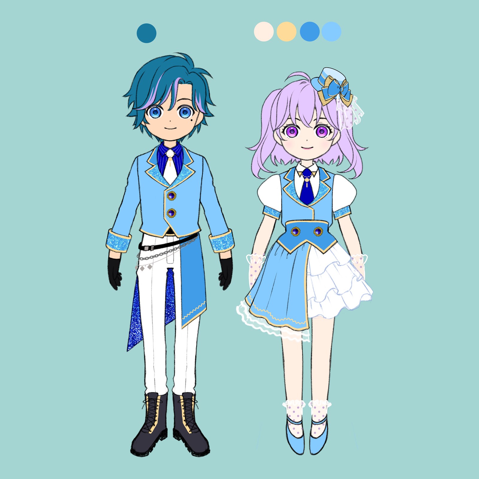 配色見本を添えた設定画で、青い衣装の男の子と水色ドレスの女の子が並ぶキャラクターデザイン