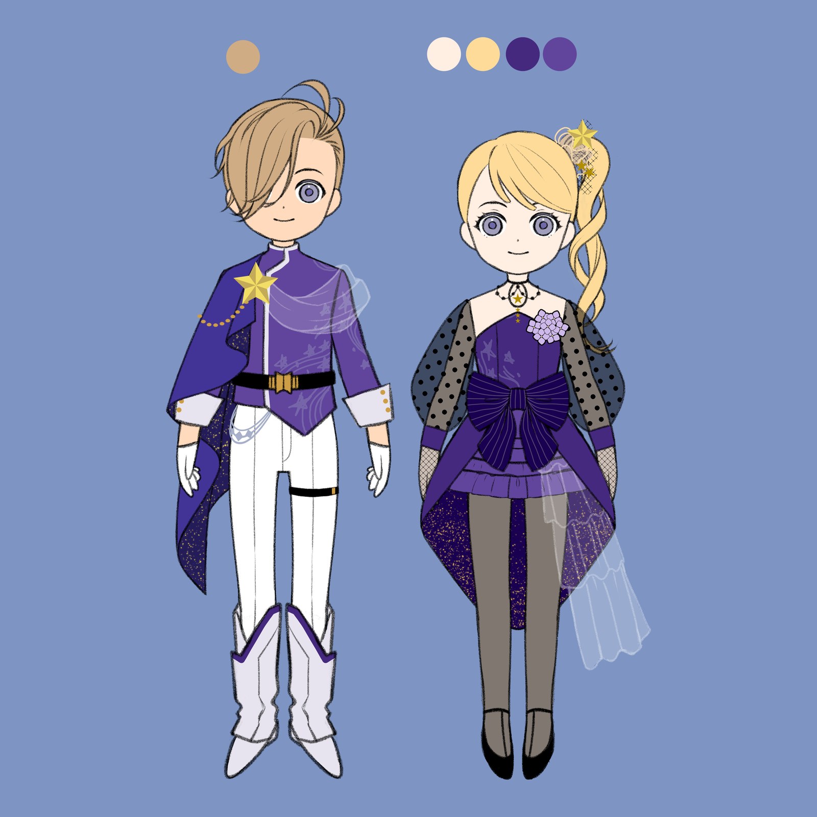 配色見本を添えた設定画で、星をあしらった紫の衣装の男の子と女の子が並ぶキャラクターデザイン