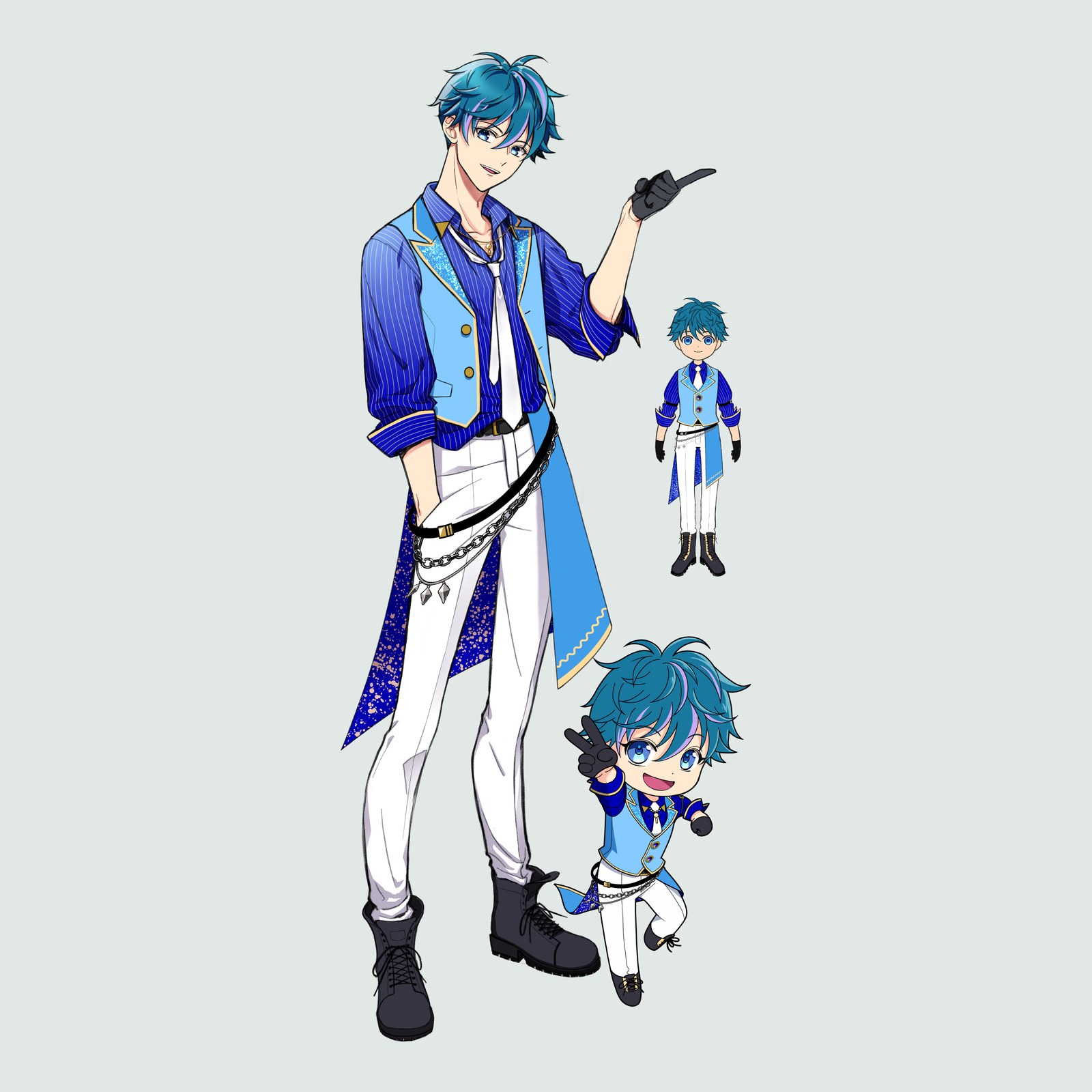 青い髪の少年の全身立ち絵に、同じ衣装のデフォルメキャラ二体を添えたキャラクターイラスト
