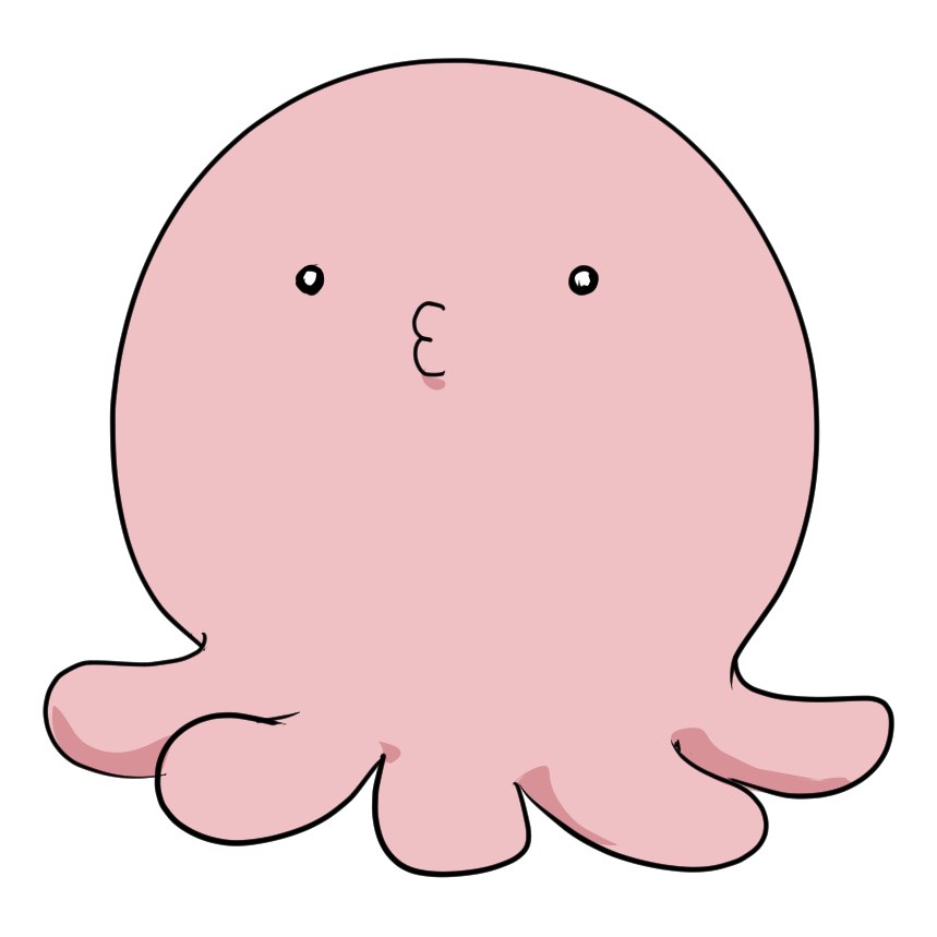 まるい体のピンク色のタコが、すました顔でちょこんとたたずむゆるくてかわいいイラスト