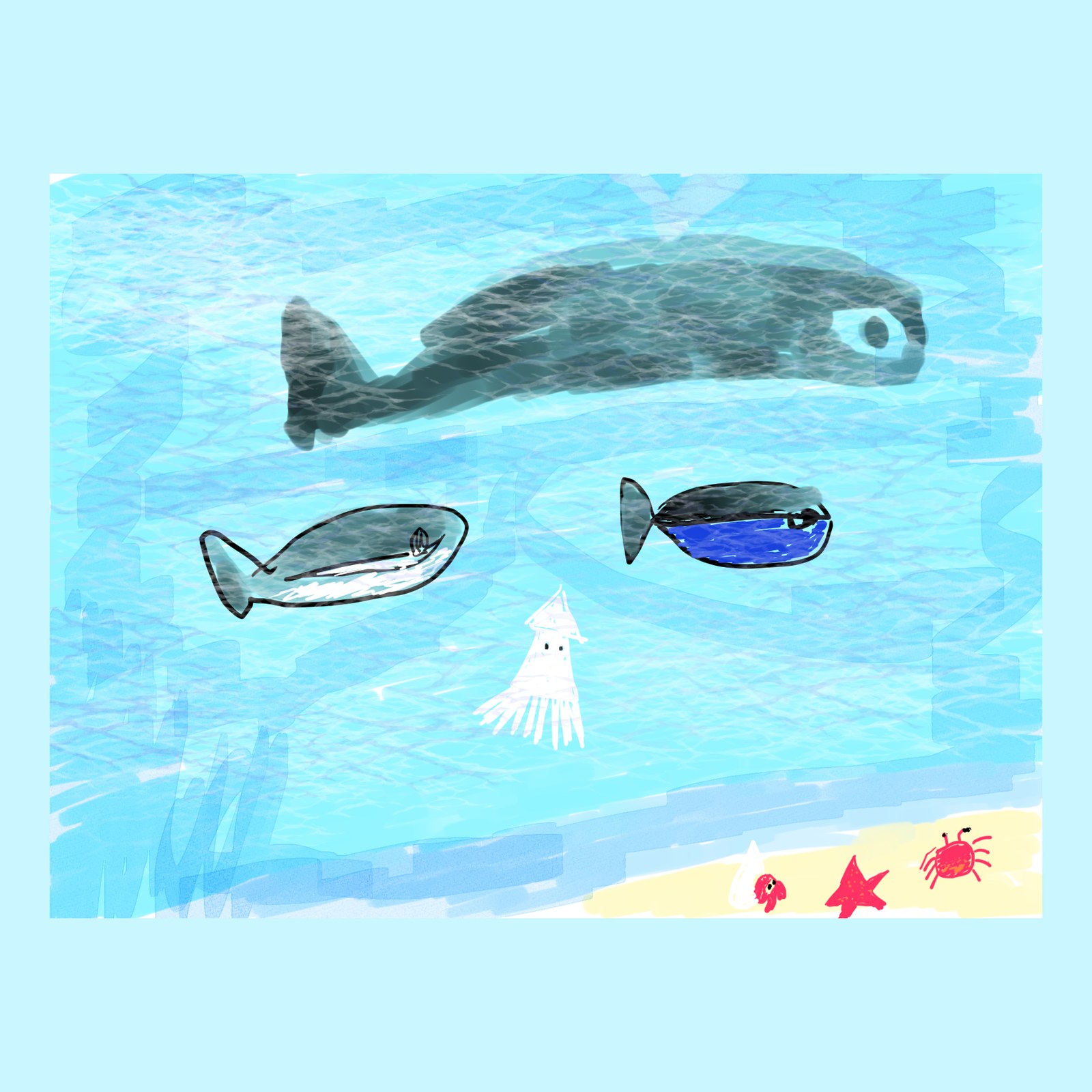 水色の海を大きなクジラと2匹の魚、白いイカが泳ぎ、砂浜にカニとヒトデがいる手描きのイラスト