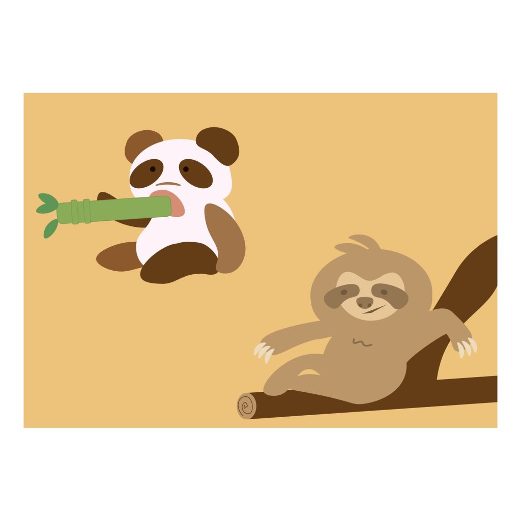 利用者作品:竹をくわえたパンダと、木の枝でくつろぐナマケモノを描いたシンプルであたたかいイラスト