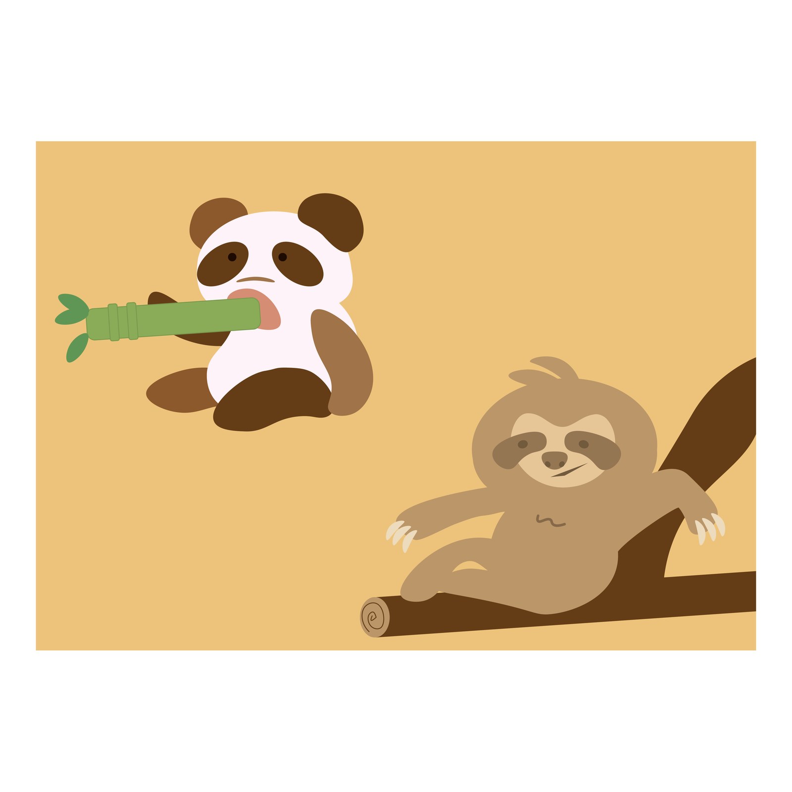 竹をくわえたパンダと、木の枝でくつろぐナマケモノを描いたシンプルであたたかいイラスト