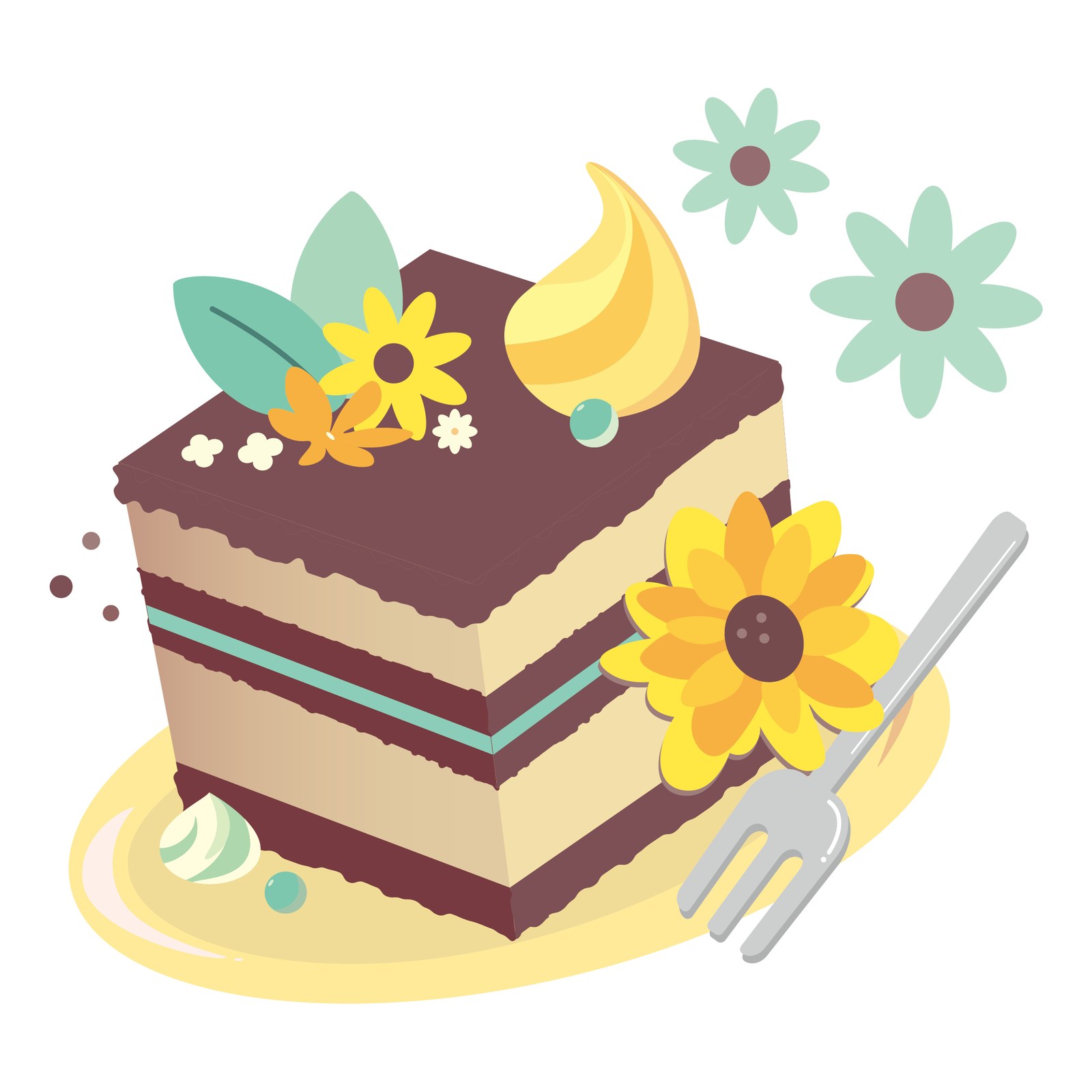 ヒマワリなどの花で飾られた層のあるチョコレートケーキとフォークを描いたイラスト