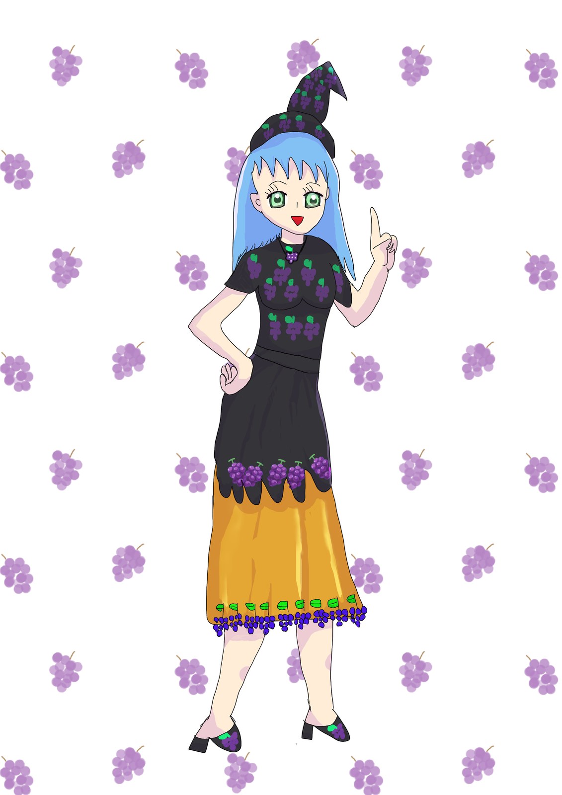 ぶどう柄の黒い服と帽子を着た青髪の少女が、ぶどうが並ぶ背景の前で指を立ててポーズするイラスト