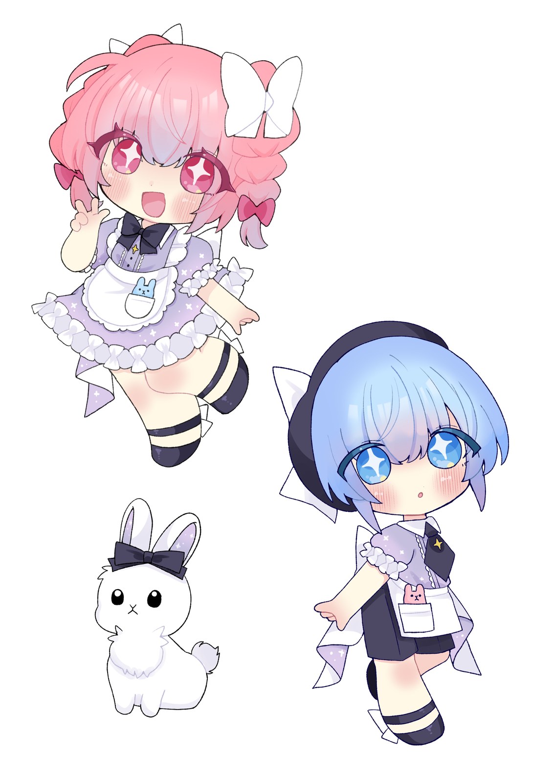 フリルのエプロン服を着たちびキャラの二人と、リボンを付けた白いうさぎを並べて描いたイラスト
