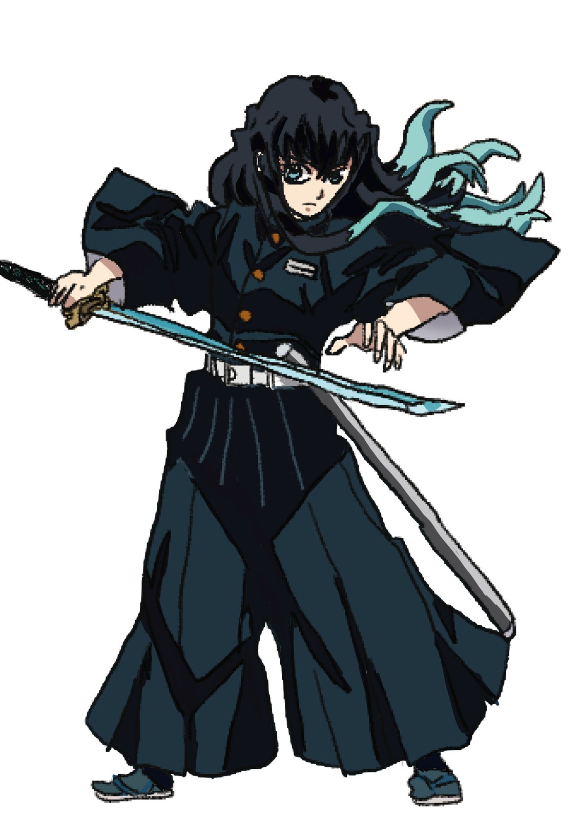 毛先が水色の黒髪の剣士・時透無一郎が隊服姿で日輪刀を構える、鬼滅の刃の二次創作イラスト