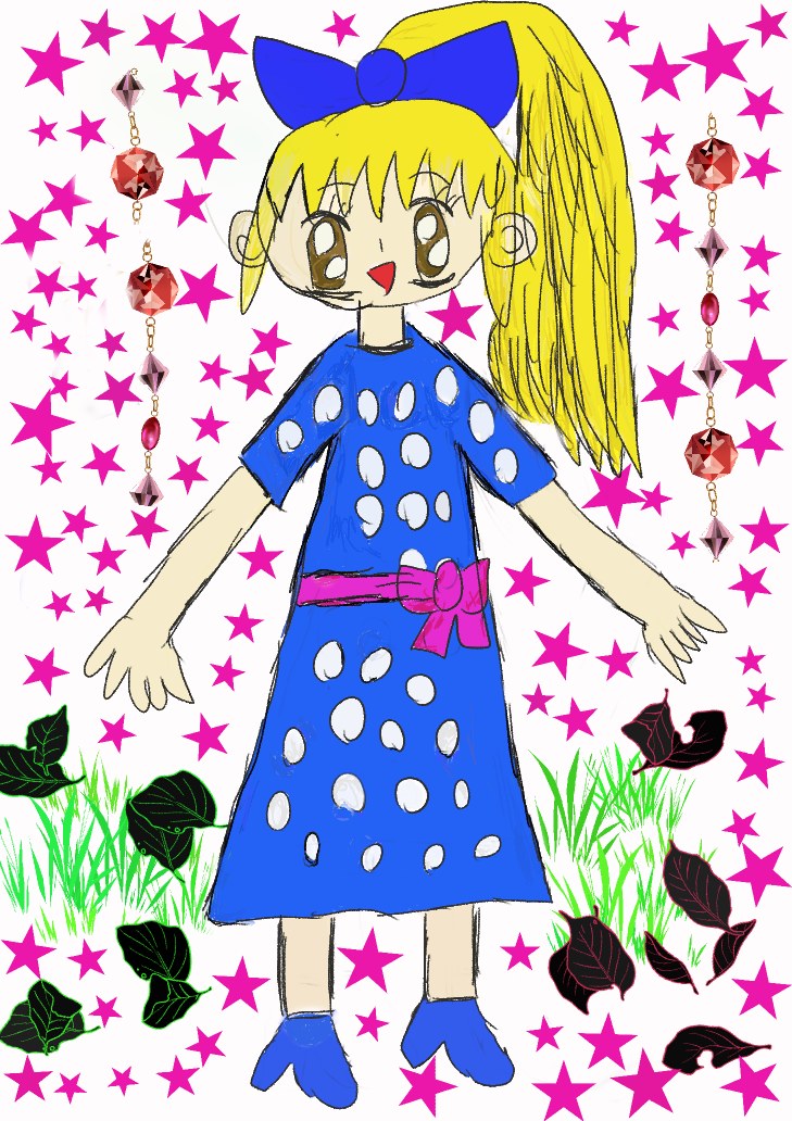 ピンクの星がきらめく背景に、青い水玉ワンピースと青いリボンをつけた金髪の女の子が立つイラスト