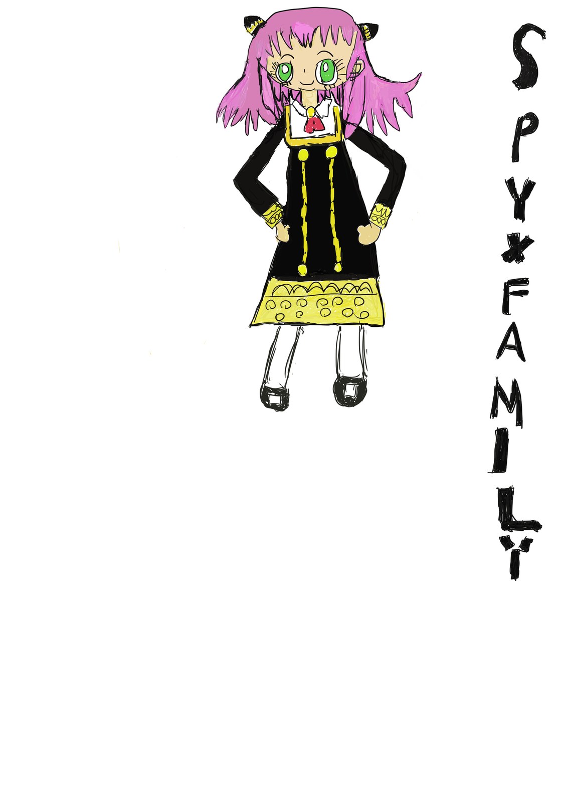 SPY×FAMILYのアーニャを描いたイラスト。ピンクの髪に黒い制服姿で腰に手を当てて立つ