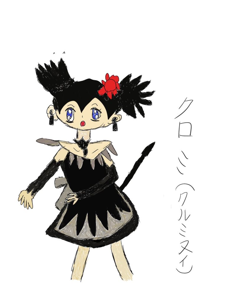 黒いとがったツインテールに赤い花を飾り、黒いドレスを着た女の子のオリジナルキャラクター