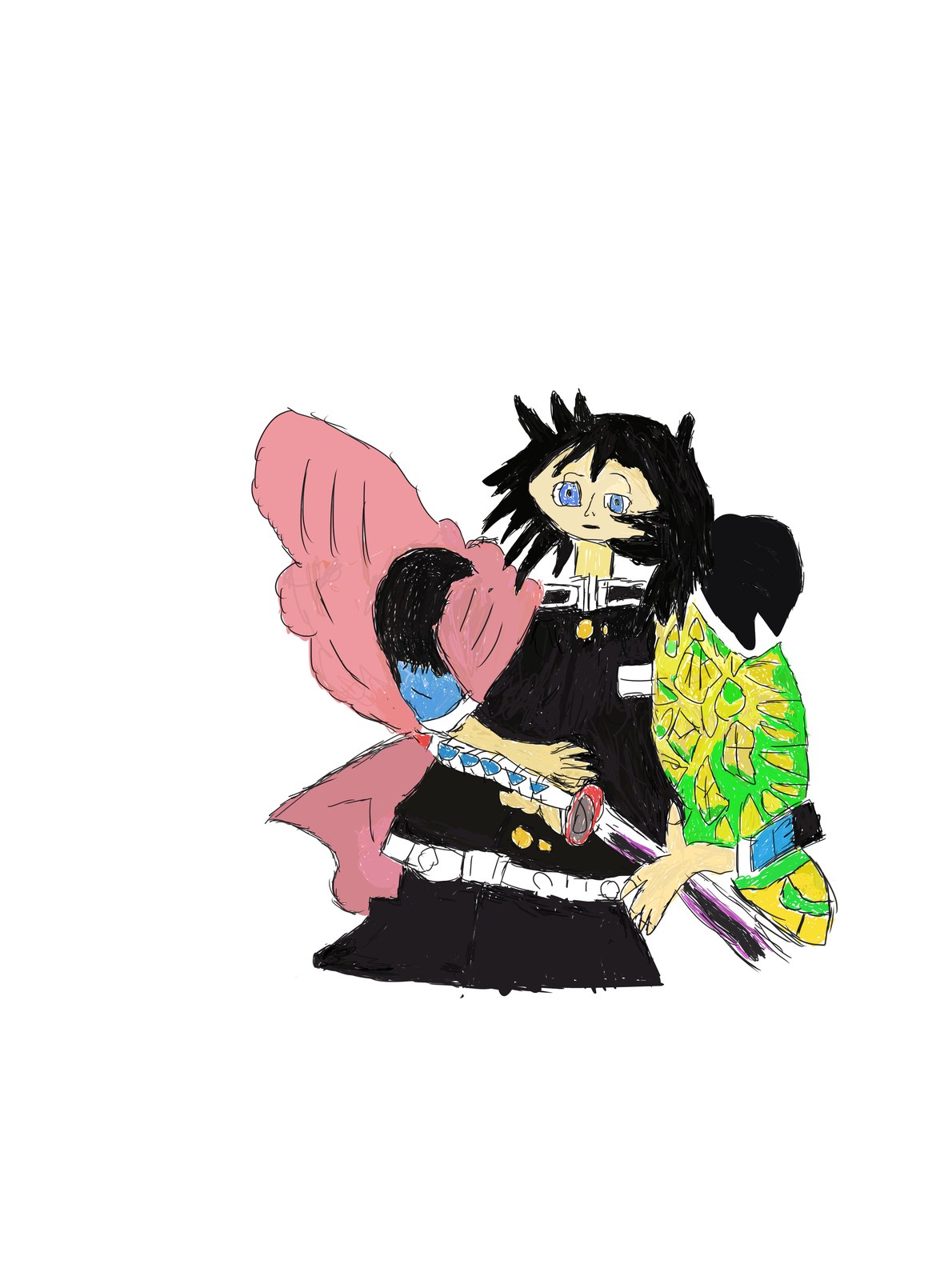 鬼滅の刃の冨岡義勇を描いたイラスト。黒い隊服にえび色と緑の羽織姿で刀を手にしている