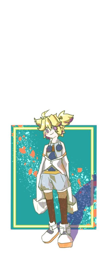 金髪のちびキャラが絵の具の飛沫が散る緑の額縁の中に立つイラスト