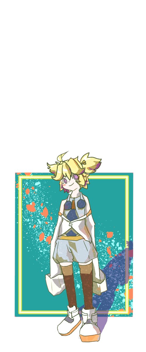 金髪のちびキャラが絵の具の飛沫が散る緑の額縁の中に立つイラスト