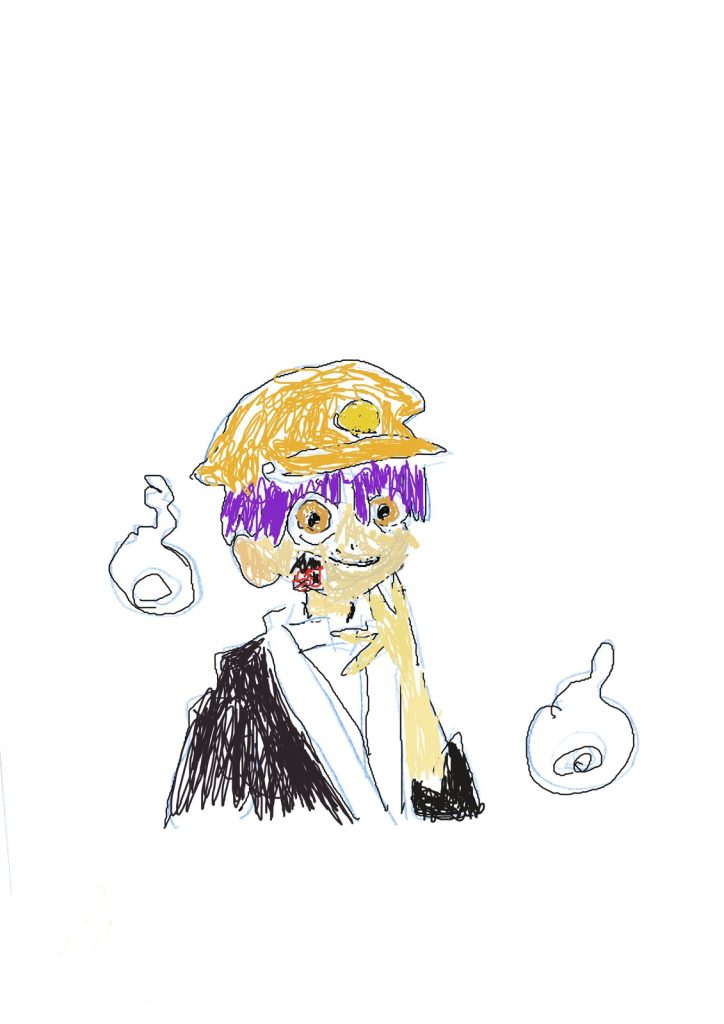 帽子と学生服の少年が二つの白いおばけを従えた元気な落書き風イラスト