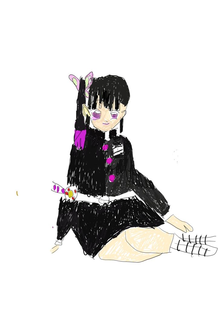 蝶の髪飾りと隊服姿で座る少女を描いた鬼滅の刃カナヲの二次創作