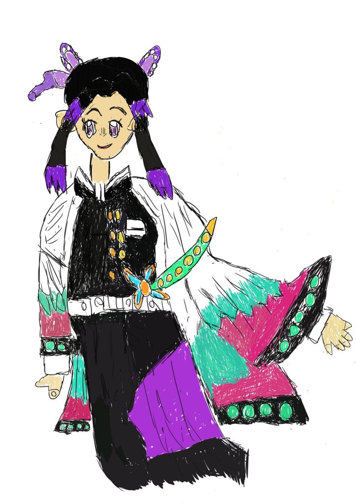 蝶の羽織をまとい微笑む隊士を描いた鬼滅の刃しのぶの二次創作イラスト