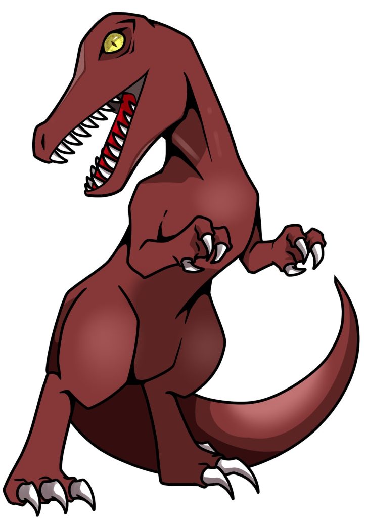 牙をむき出しにした赤いティラノサウルスを描いた迫力あるイラスト