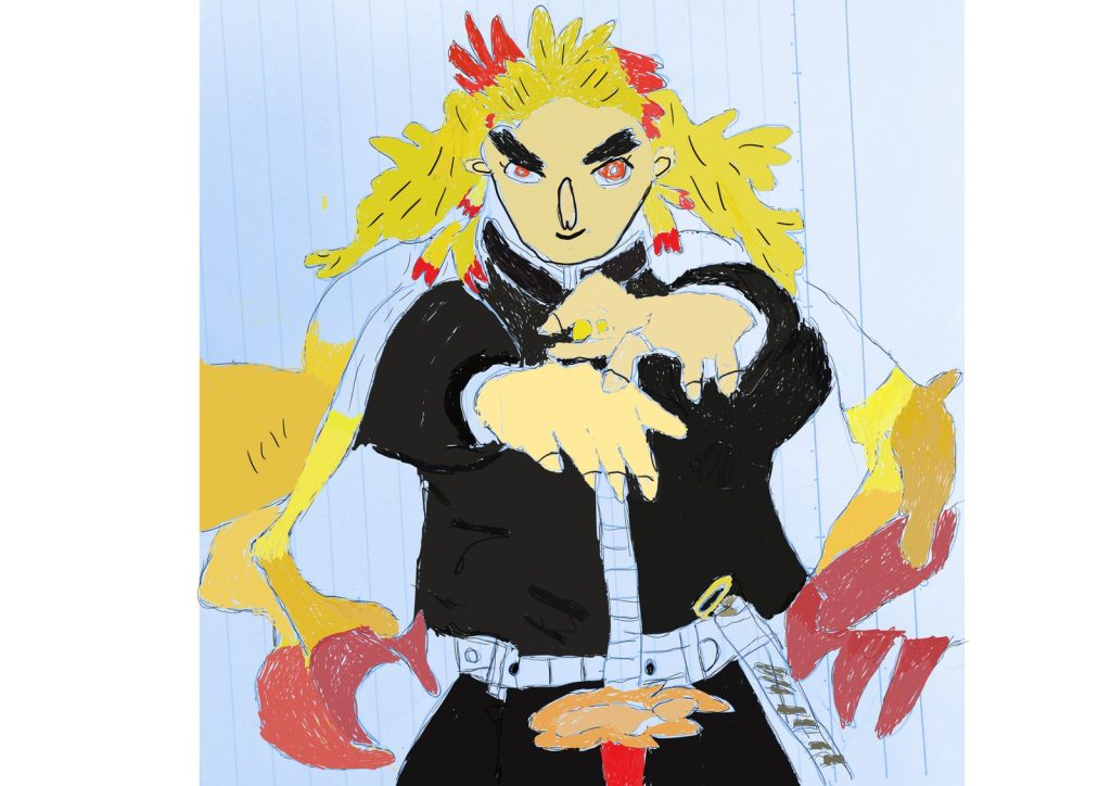 炎のような髪の剣士が刀を手に構える鬼滅の刃煉獄の二次創作イラスト