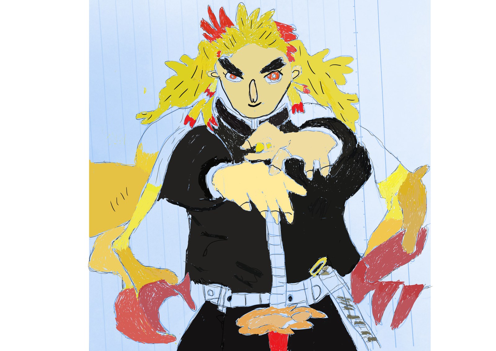 炎のような髪の剣士が刀を手に構える鬼滅の刃煉獄の二次創作イラスト