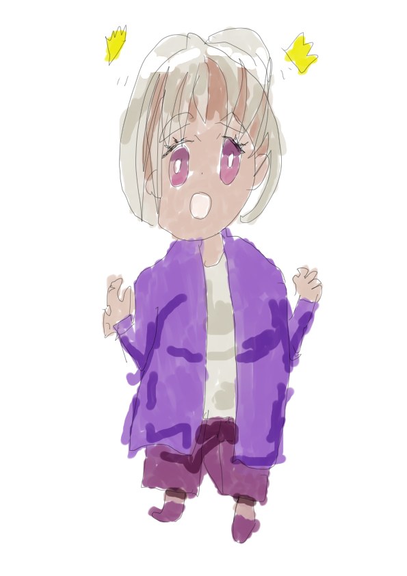 驚いた表情で両手を上げる、紫の羽織を着た銀髪のちびキャラクターのイラスト