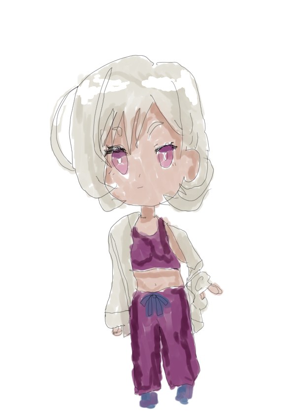 紫のトップスとパンツに白い羽織をまとった銀髪のちびキャラクターが立つイラスト