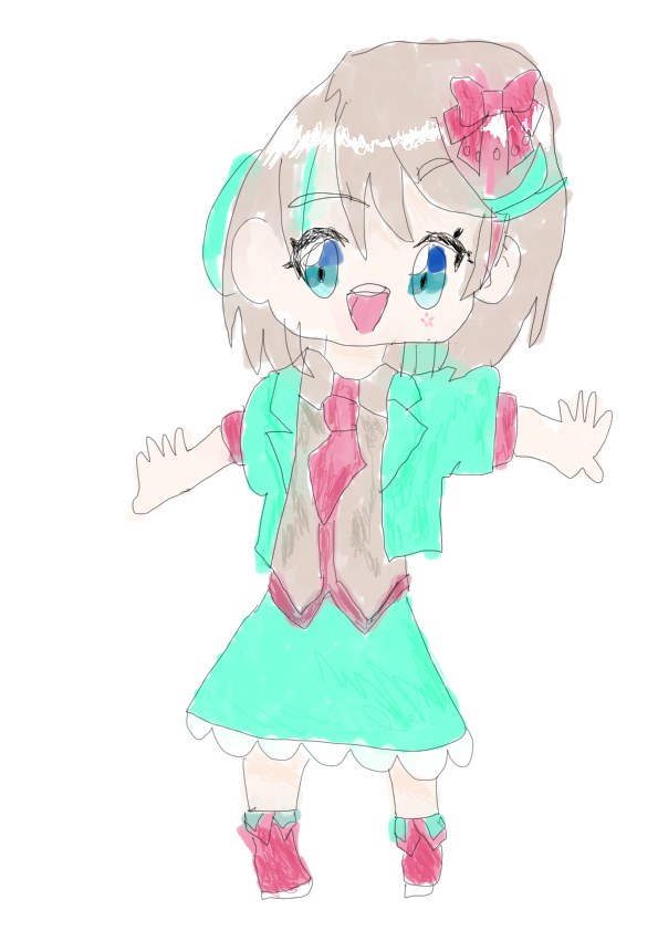 髪に赤いリボンを付け、水色の上着と緑のスカートで両手を広げて笑うちびキャラクター