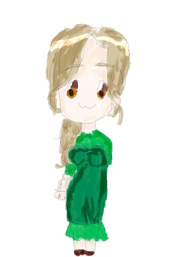 三つ編みの長い髪の女の子が緑のワンピース姿でほほえむちびキャライラスト