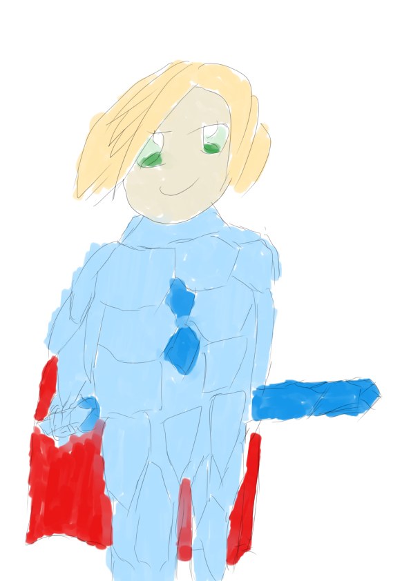 青い服に赤い盾と剣を持つ金髪の剣士を描いた二次創作イラスト