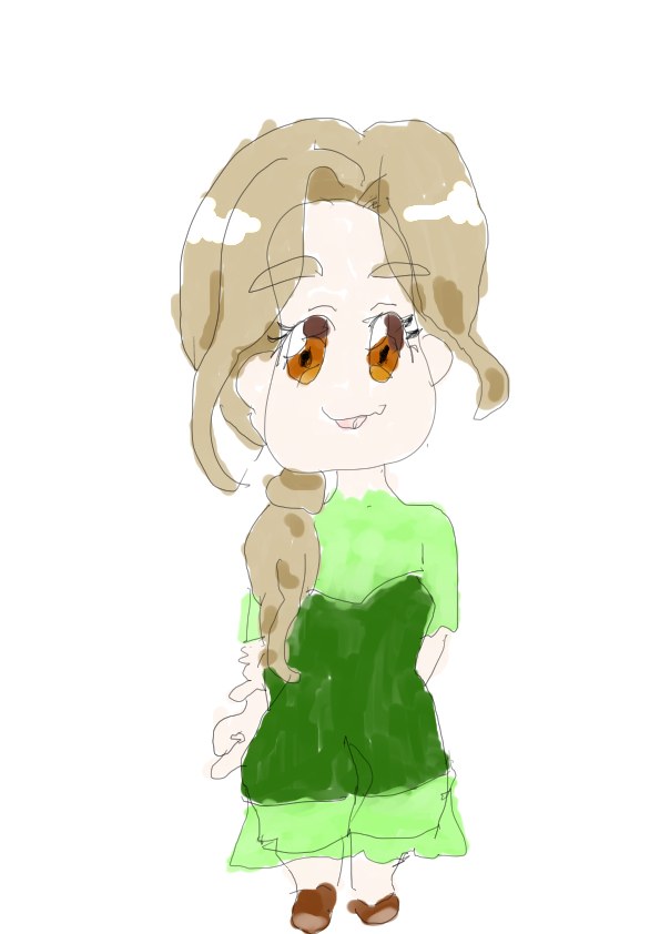 ベージュの長い髪を三つ編みにした女の子が緑の服を着てほほえむちびキャラのイラスト