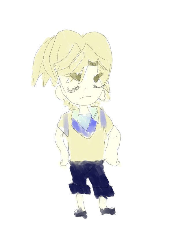 金髪の男の子が黄色いベストと紺のズボン姿で眠そうな表情で立つちびキャライラスト